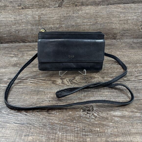 Fossil Crossbody Bag Women's Black Leather Wallet Clutch Detachable Strap Brass - Picture 1 of 7